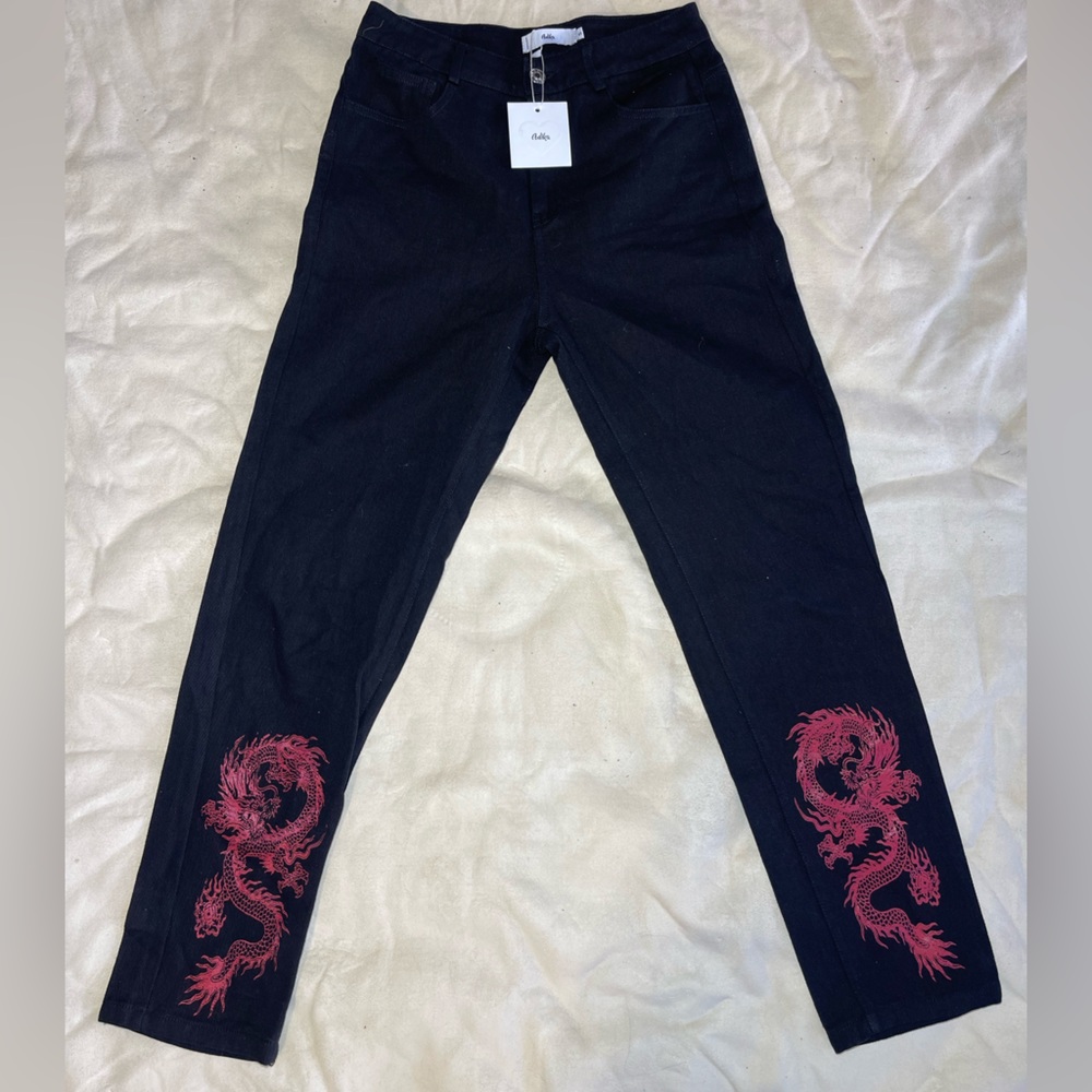 Adika Black Denim with Red Dragon Jeans-Size S NWT